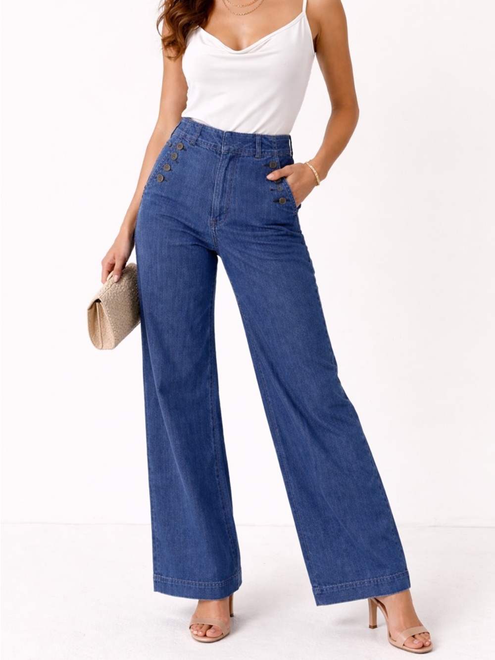 High-Waist Wide Leg Denim Pants - Blue